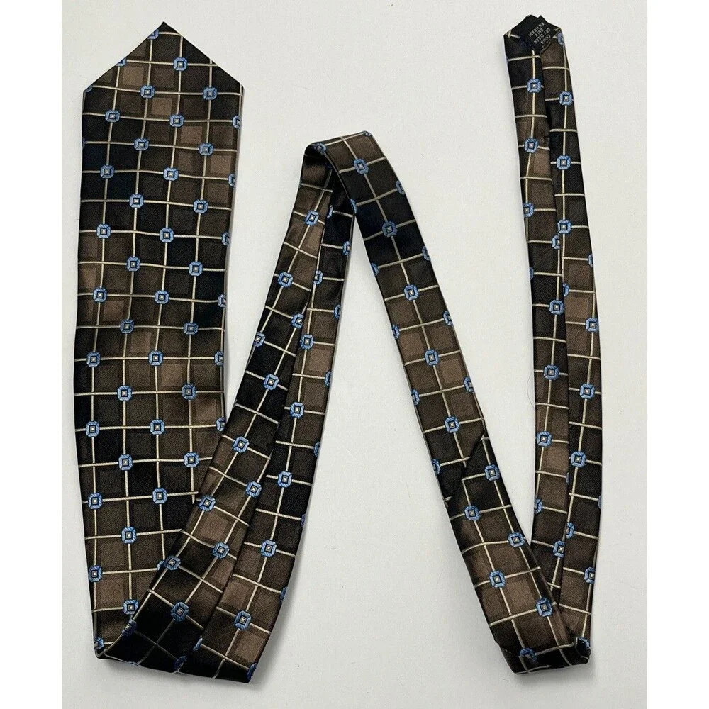 Paul Dione Tie 100% Silk Necktie‎ Geometric Brown Bronze Blue Square NWT Wedding